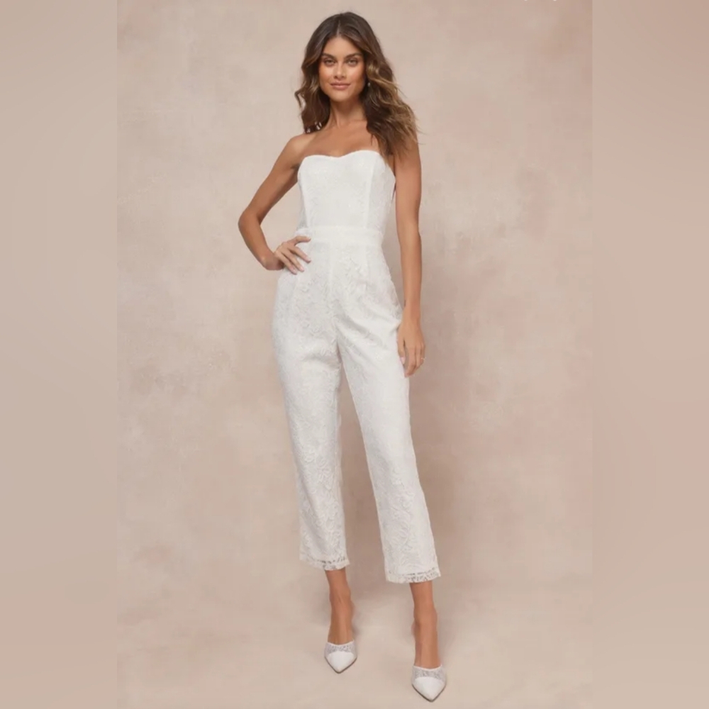 Lulus Redefined Elegance White Floral Lace Sequin Strapless Jumpsuit